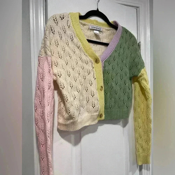 Cotton Emporium Cropped Open Knit Color Block V Neck Button Cardigan Size M - Picture 4 of 8